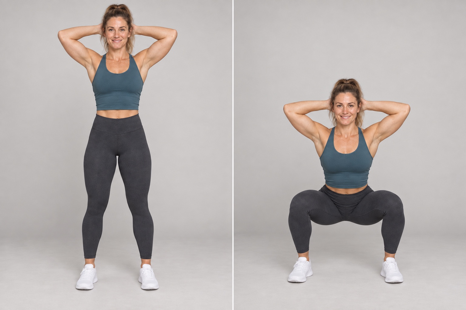 Overload's presenter demonstrating a bodyweight squat on a plain background, the same presenter used consistently across every exercise in the library.